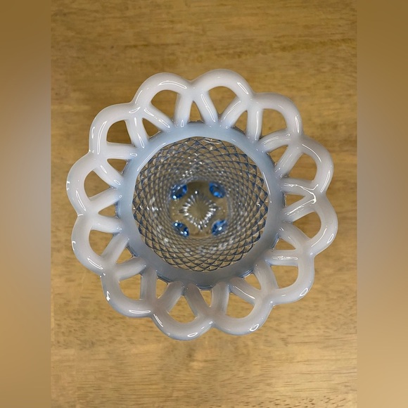 Vtg Imperial Glass Blue Vase Diamond Point 1930 Katy Opalescent Open Lace Edge - Picture 4 of 8